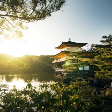 Kinkakuji Temple, Rokuon-ji, Buddhist temple, Kyoto, Japan, Sunset, Landmark, Lake, Ancient architecture, Tourist attraction, Golden temple, Green Trees, Landscape, Japanese architecture