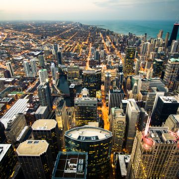 Chicago City, Cityscape, City lights, Dusk, Skyscrapers, Skyline, Horizon, Landscape, Aerial view