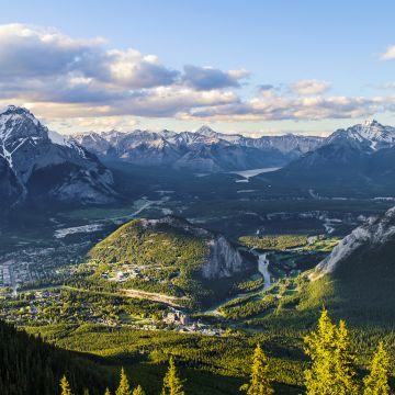 Banff Town, Alberta, Canada, Landscape, Valley, Scenery, Mountain range, Glacier mountains, Snow covered, Cloudy Sky