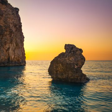 Milos Beach, Greece, Lefkada Island, Lone rock, Sunset Orange, Clear sky, Cliff, Horizon, Seascape, Water waves, Ocean blue