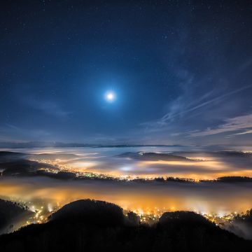 Swiss Mountain Plateau, Aerial view, Fog, Landscape, Long exposure, Night time, Starry sky, Full moon, Moon light