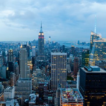 New York City, Cityscape, City lights, Sunset, Skyline, Cloudy Day, Landmarks, Skyscrapers, Aerial view, High rise building, Evening sky, Horizon