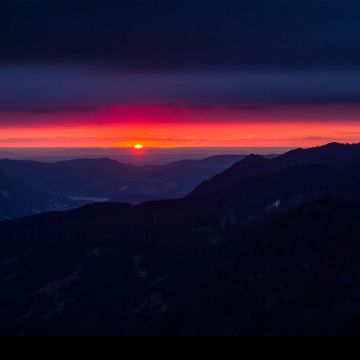 Mountain silhouette, Sunset, Dusk, Mountain range, Red Sky, Grünten, Germany, Landscape, Horizon