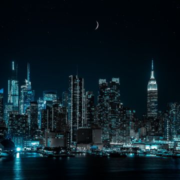 New York City, Half moon, Cityscape, Night, City lights, 5K