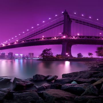 Manhattan Bridge, 8K, New York City, United States, Purple sky, Body of Water, River, Suspension bridge, Landscape, Famous Place, Tourist attraction, Rocks, Long exposure, City lights, Cityscape, Purple aesthetic, 5K