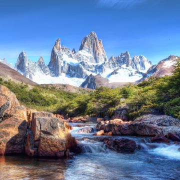 Fitz Roy, Patagonia, Glacier mountains, Snow covered, Argentina, Picturesque, River Stream, Rocks, Blue Sky, Mountain Peaks, Sunny day, Landscape, Scenery, 5K