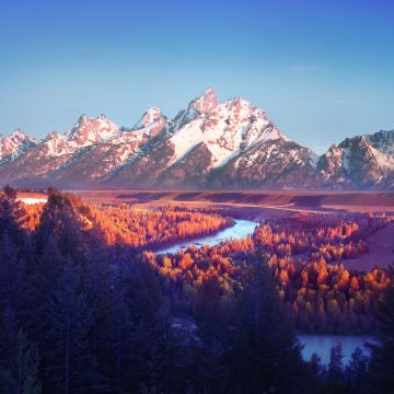 Grand Teton National Park, Snake River, Wyoming, USA, Sunrise, Glacier mountains, Blue Sky, Snow covered, Mountain range, Landscape, Scenery, Aesthetic, 5K