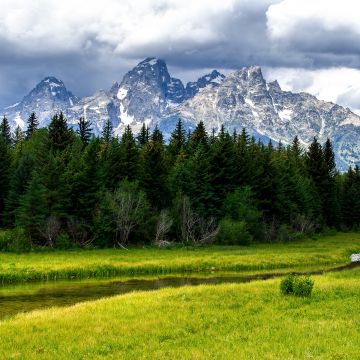 Grand Teton National Park, Green Meadow, Wyoming, Landscape, Water Stream, Forest, Green Trees, Glacier mountains, Snow covered, Mountain range, Thick Clouds, Scenery
