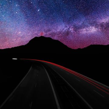Mountain silhouette, Light trails, Long exposure, Astronomy, Starry sky, Galaxy, Milky Way, Road, Night time, Outer space, Purple sky