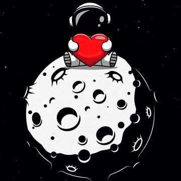 Red heart, Astronaut, Planet, Outer space, Black background, AMOLED, Cute astronaut, 5K