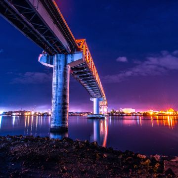 Mactan-Mandaue Bridge, Philippines, Under the bridge, Sergio Osmeña Bridge, Night time, City lights, Dusk, Body of Water, Worms Eye View, Reflection, Clear sky, 5K