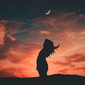 Girl, Evening sky, Silhouette, Crescent Moon, Dusk, Mood