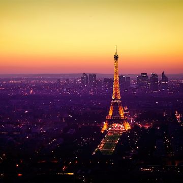 Eiffel Tower, Twilight, Sunset, Paris, France, Cityscape, City lights, Orange sky, Landmark, Tourist attraction, Famous Place, Horizon, Skyline