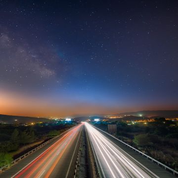 Highway, Limassol city, Light trails, Cyprus, Cityscape, City lights, Night time, Dusk, Milky Way, Astronomy, Outer space, Starry sky