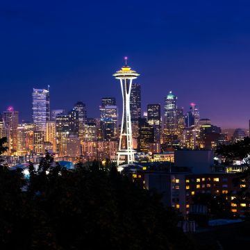 Space Needle, Seattle Skyline, Washington, Cityscape, City lights, Night time, Skyscrapers, Landmark