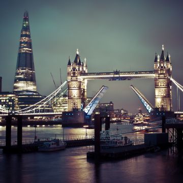 Tower Bridge, London, United Kingdom, Cityscape, City lights, Night time, Skyscrapers, Landmark, Famous Place, The Shard, Body of Water, England