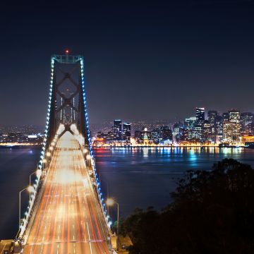 Oakland Bay Bridge, San Francisco, Cityscape, City lights, Night time, Skyline, Skyscrapers, Landmark, Long exposure, Light trails