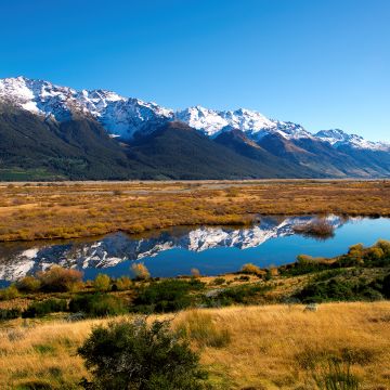 South of Rivendell, New Zealand, Landscape, Glacier mountains, Snow covered, Mountain range, Reflection, Blue Sky, Scenery