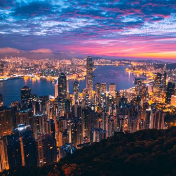 Hong Kong, Cityscape, Night, City lights, Metropolitan, Twilight, Skyline, Aerial view, 5K