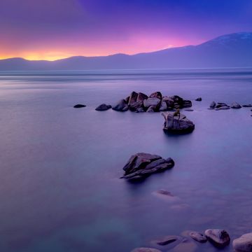 Rocky coast, Rock formations, Seascape, Ocean, Mountain, Sunrise, Purple sky, Dawn, Long exposure, Scenery, 5K, 8K