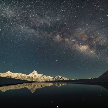 Mount Gongga, Minya Konka, China, Milky Way, Glacier mountains, Mountain Peak, Starry sky, Outer space, Astronomy, Lake, Reflection, Night time