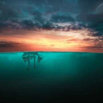 Ship, Moon, Upside down, Surreal, Cloudy Sky, Stars, Sunset Orange, Ocean, Blue Water