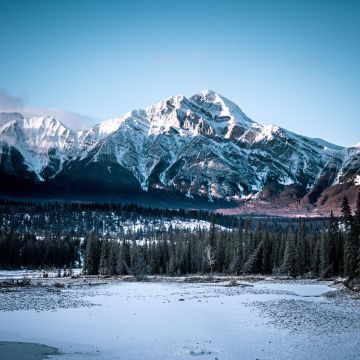 Jasper National Park, 8K, Alberta, Canada, Winter, Glacier mountains, Rocky Mountains, Mountain range, Blue Sky, Landscape, Scenery, Snow covered, 5K
