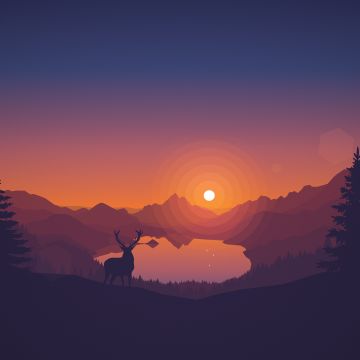 Lakeside, Sunset, Deer, Minimal art, Landscape, Scenic, Panorama