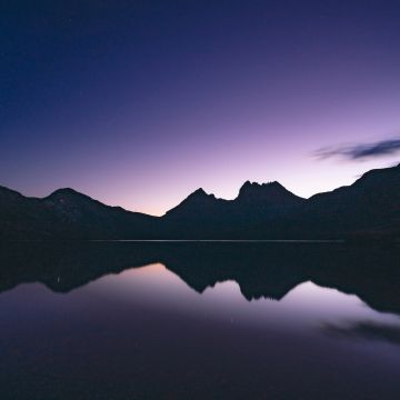 Cradle Mountain, Australia, Silhouette, Night time, Lake, Reflection, Purple sky, Landscape, Scenery, 5K