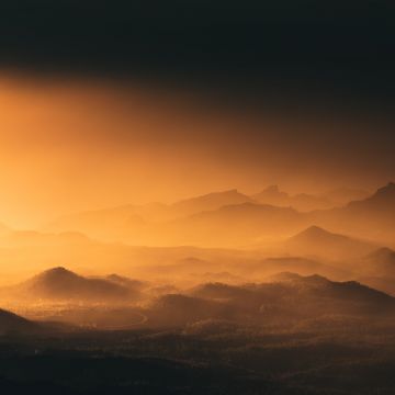 Montanas Negras, Spain, Volcano, Black mountains, Mountain range, Sunset, Aerial view, Landscape, Fog, 5K