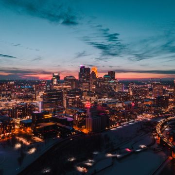 Minneapolis, Minnesota, USA, Cityscape, City lights, Skyline, Aerial view, Dusk, Skyscrapers, 5K, 8K