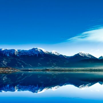 Glacier mountains, Lake, Sunrise, Blue Sky, Reflection, Mountain range, Snow covered, Clear sky, Landscape, Scenery, Fog, Early Morning, 5K, 8K