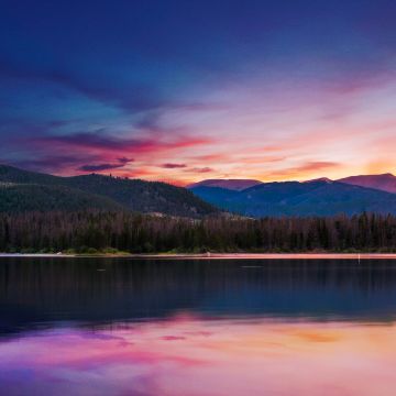 Sunset, Forest, Mountains, River, Body of Water, Reflection, Landscape, Scenery, Orange sky, 5K, 8K