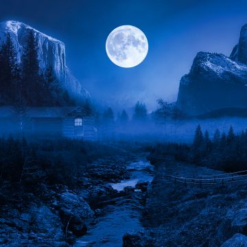 Twilight Moon, Night time, Landscape, Forest, Wooden House, Adventure, Camping, Water Stream, Mountain, 5K, 8K