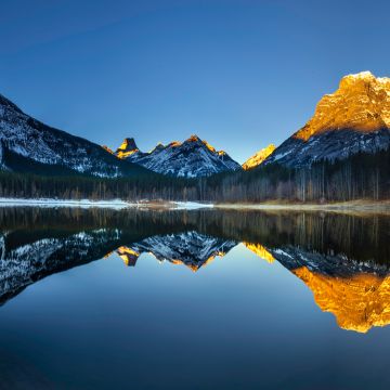 Wedge Pond, Banff National Park, Alberta, Canada, Clear sky, Sunrise, Alpenglow, First light, Landscape, Scenery, Reflection, 5K