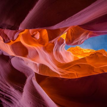 Lower Antelope Canyon, 5K, Arizona, Tourist attraction, Famous Place, Rock formations, Curves, Looking up at Sky