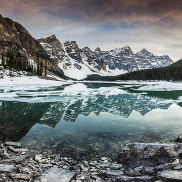 Mountain lake, 8K, Mountain range, Reflection, Landscape, Snow covered, Winter, Dusk, Scenery, 5K