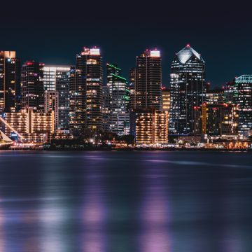 San Diego City, Cityscape, City lights, Night time, Skyline, Body of Water, Long exposure, Reflection, Skyscrapers, 5K