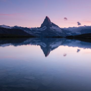 Matterhorn, Stellisee, Switzerland, Lake, Reflection, Evening sky, Landscape, Scenery, Clear sky, Swiss Alps, Clouds, Mountain Peak, 5K