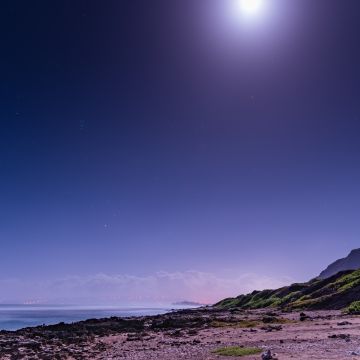 Moon light, Beach, Night sky, Seascape, 5K