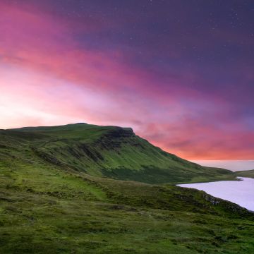 Isle of Skye, Aesthetic, Scotland, Countryside, Shore, Sunset, Landscape, Scenery, Purple sky, Starry sky, Dusk, Coastline, 5K