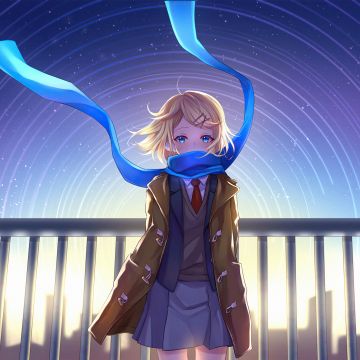Anime girl, School uniform, Star trail, Scarf