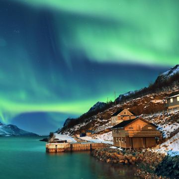 Northern Lights, Scenery, Aurora Borealis, Norway, Night time, Stars, Snow covered, Mountains, Wooden House, Lake, Body of Water, Landscape