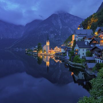 Mountains, Town, Church, Evening, Cold, Lake, Hallstatt, Austria, 5K, 8K