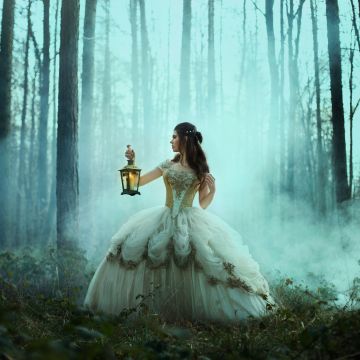 Girl, Lamp, Forest, Fog, Woman, Dream, 5K