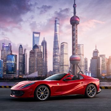 Ferrari 812 GTS, Shanghai, Red cars, Cityscape, Skyscrapers, 5K