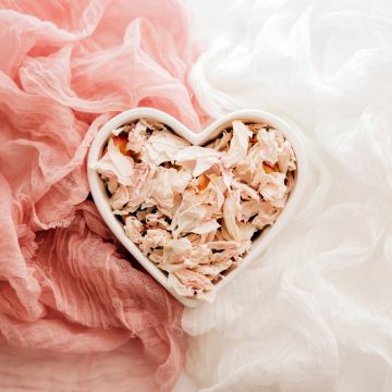Love heart, Heart shape, Ceramic bowl, Cloth, Dry Leaves, Peach background, 5K