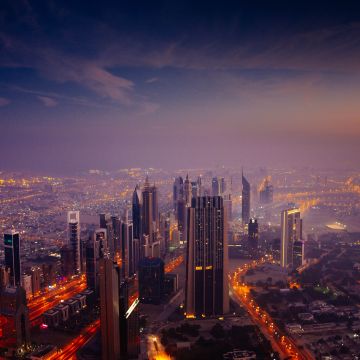 Dubai City Skyline, Cityscape, Aerial view, Skyscrapers, High rise building, Sunrise, Dawn, City lights, 5K