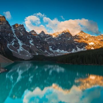 Moraine Lake, Alberta, Canada, Mountain range, Blue Sky, Clouds, Turquoise water, Reflection, Body of Water, Landscape, Scenery, Snow covered, 5K