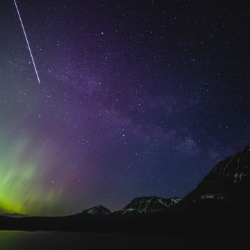 Aurora Borealis, Milky Way, Purple sky, Night, Starry sky, Glacier National Park, 5K